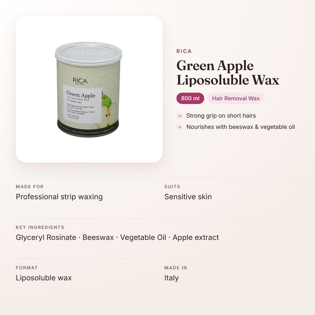 Rica Green Apple Liposoluble Wax (800 ml) – at a glance: what it is for, who it suits and key ingredients