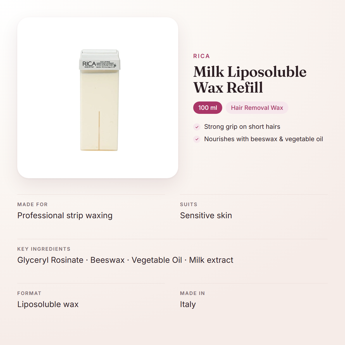 Rica Milk Liposoluble Wax Refill (100 ml) – at a glance: what it is for, who it suits and key ingredients