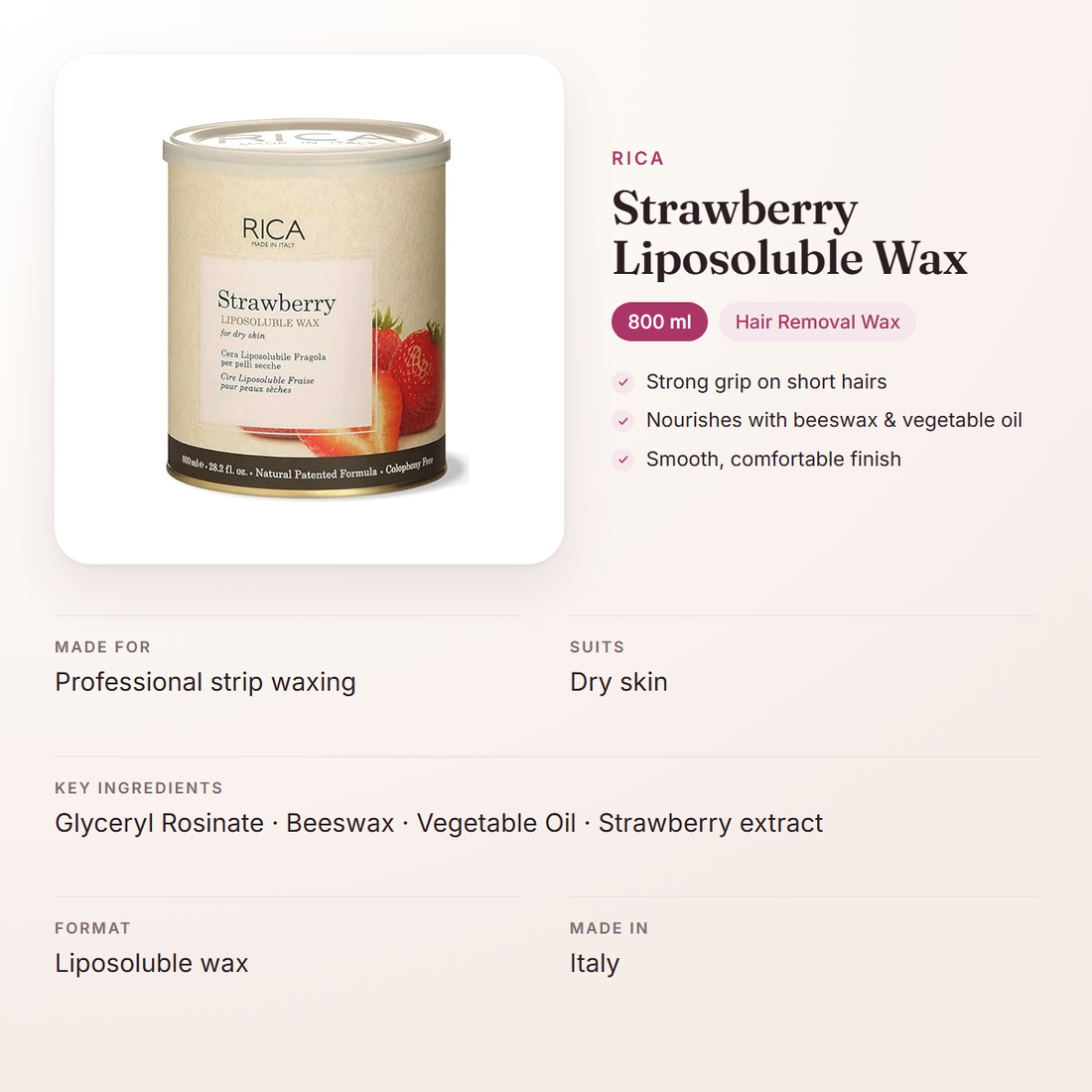 Rica Strawberry Liposoluble Wax (800 ml) – at a glance: what it is for, who it suits and key ingredients