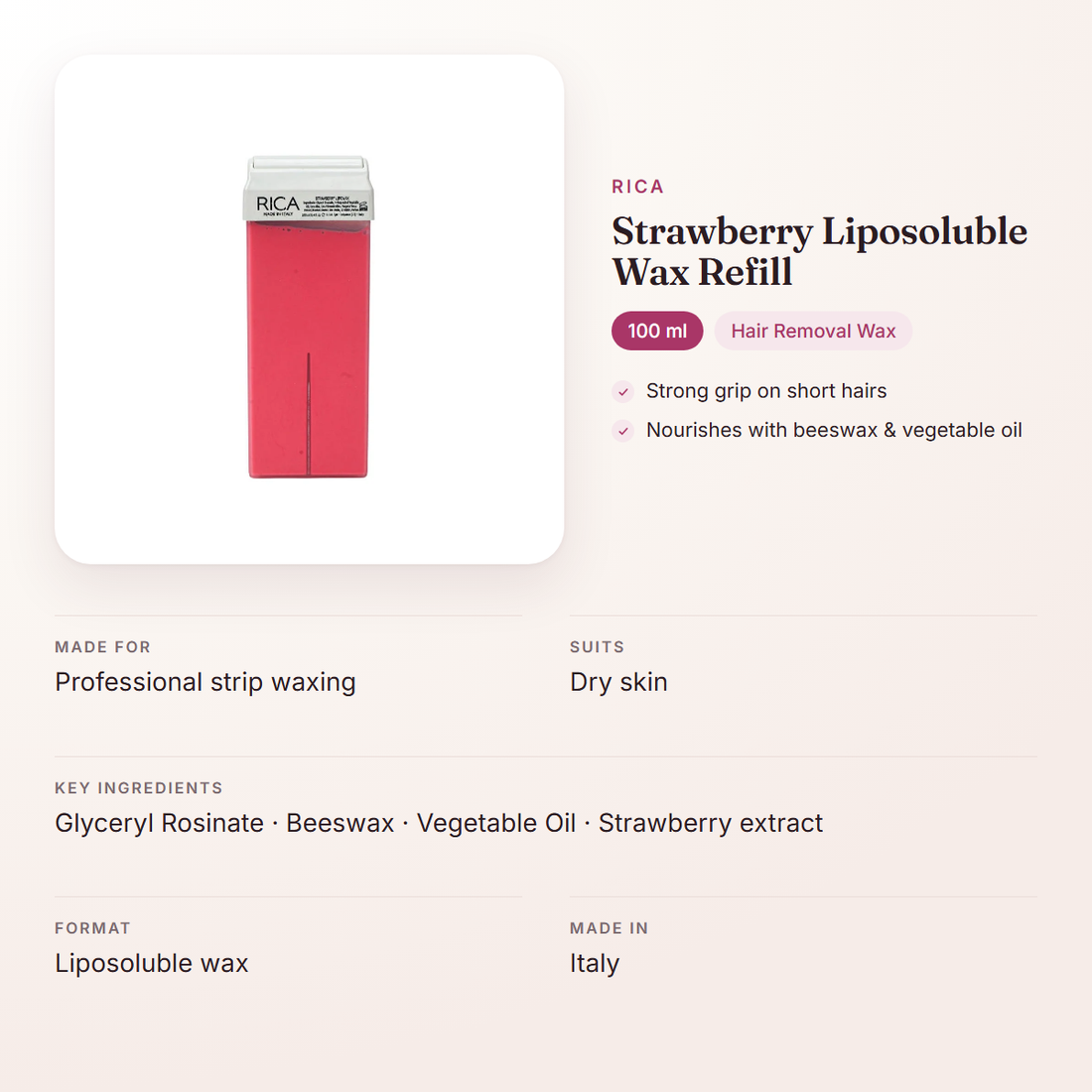 Rica Strawberry Liposoluble Wax Refill (100 ml) – at a glance: what it is for, who it suits and key ingredients