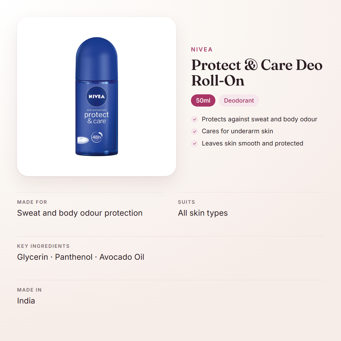Nivea Protect & Care Deo Roll-On (50ml) – at a glance: what it is for, who it suits and key ingredients