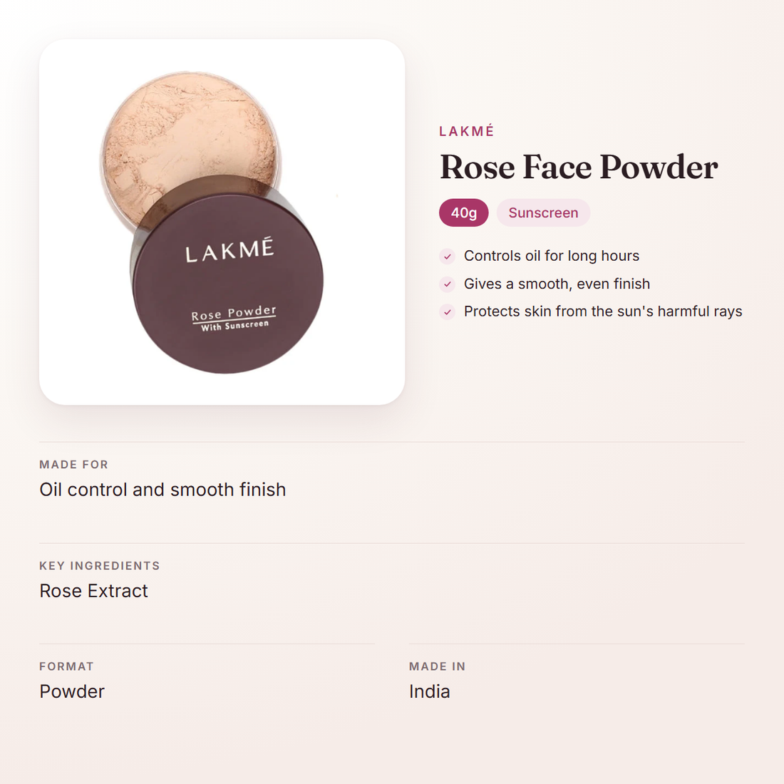 Lakmé Rose Face Powder (40g) – at a glance: what it is for, who it suits and key ingredients