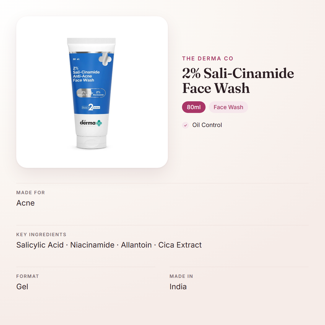The Derma Co 2% Sali-Cinamide Face Wash (80ml) – at a glance: what it is for, who it suits and key ingredients