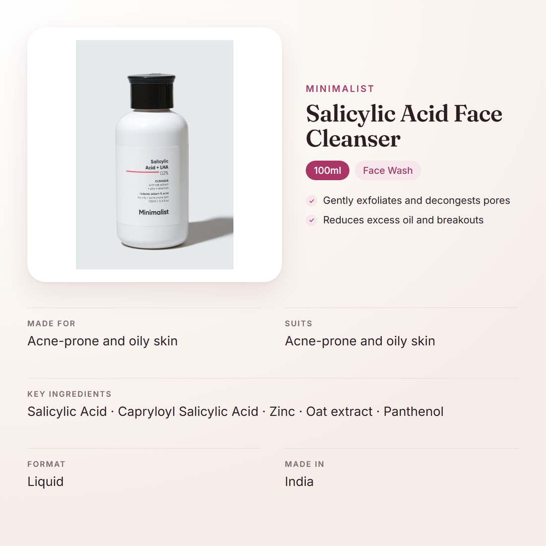 Minimalist Salicylic Acid Face Cleanser (100ml) – at a glance: what it is for, who it suits and key ingredients