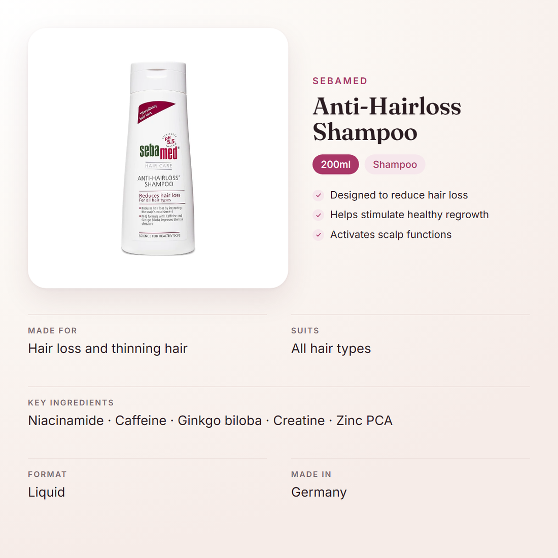 Sebamed Anti-Hairloss Shampoo (200ml) – at a glance: what it is for, who it suits and key ingredients