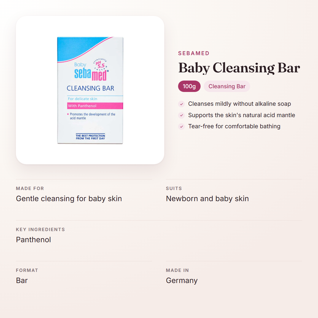 Sebamed Baby Cleansing Bar (100g) – at a glance: what it is for, who it suits and key ingredients