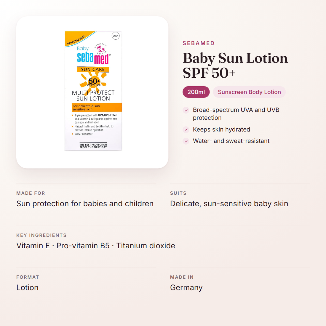 Sebamed Baby Sun Lotion SPF 50+ (200ml) – at a glance: what it is for, who it suits and key ingredients