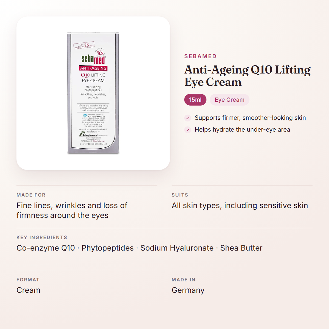 Sebamed Anti-Ageing Q10 Lifting Eye Cream (15ml) – at a glance: what it is for, who it suits and key ingredients