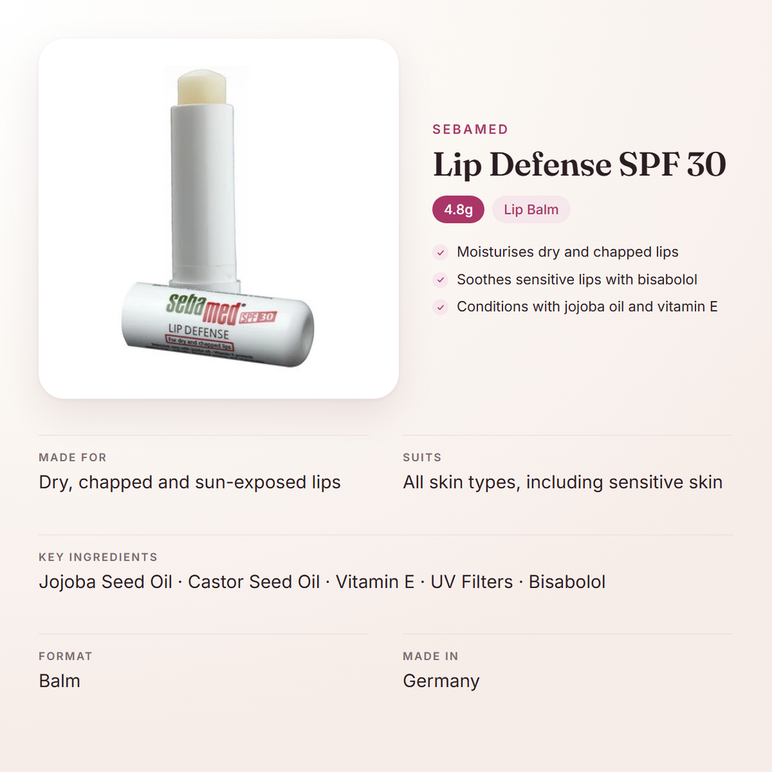Sebamed Lip Defense SPF 30 (4.8g) – at a glance: what it is for, who it suits and key ingredients