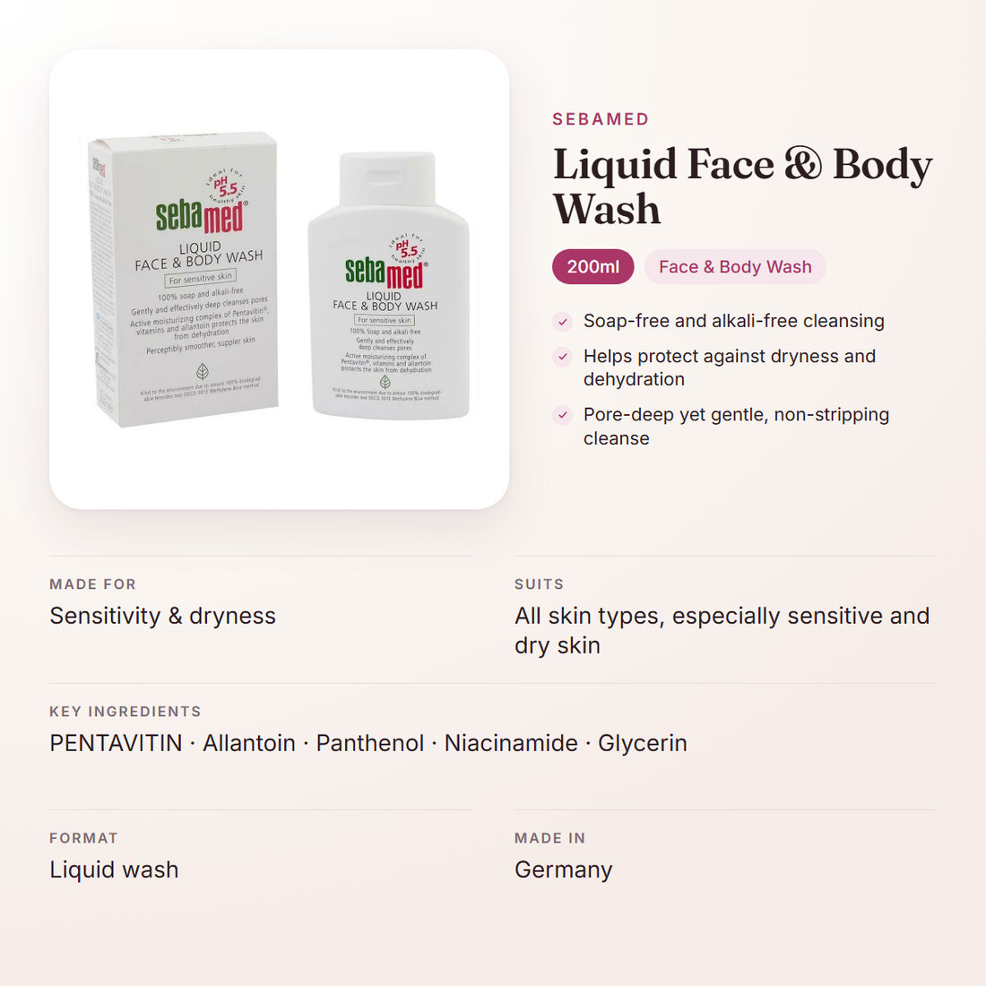 Sebamed Liquid Face & Body Wash (200ml) – at a glance: what it is for, who it suits and key ingredients