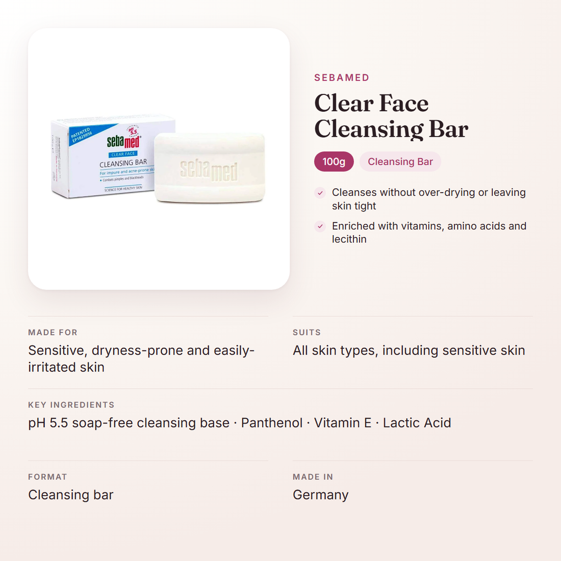 Sebamed Clear Face Cleansing Bar (100g) – at a glance: what it is for, who it suits and key ingredients