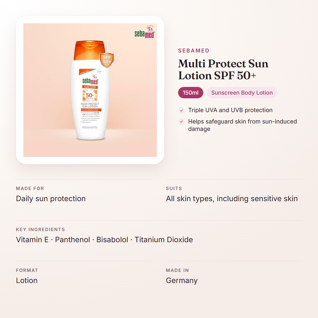 Sebamed Multi Protect Sun Lotion SPF 50+ (150ml) – at a glance: what it is for, who it suits and key ingredients