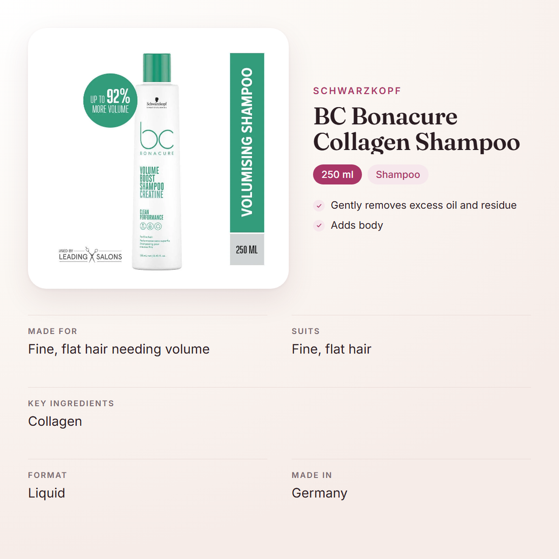 Schwarzkopf BC Bonacure Collagen Shampoo (250 ml) – at a glance: what it is for, who it suits and key ingredients