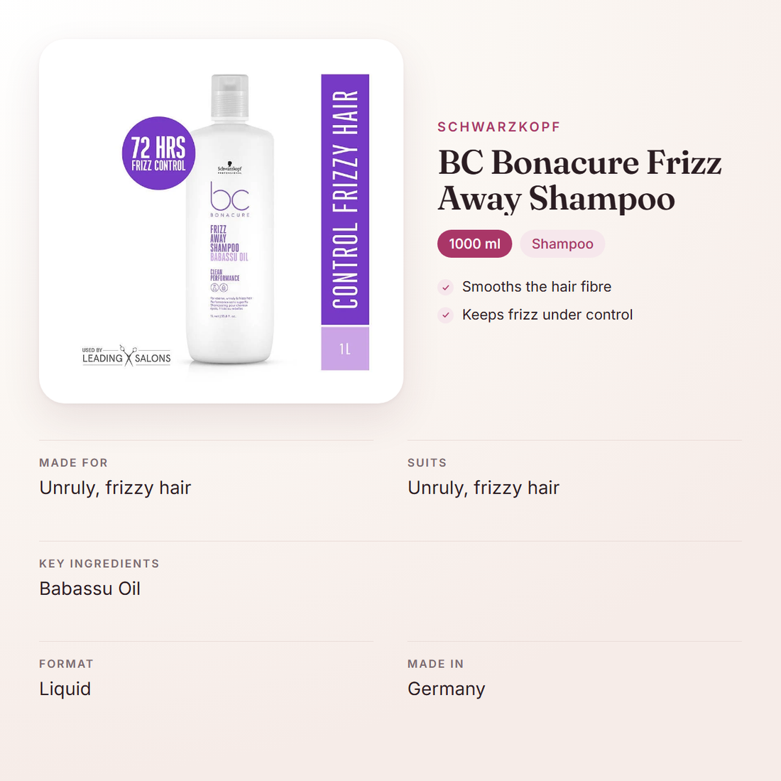 Schwarzkopf BC Bonacure Frizz Away Shampoo (1000 ml) – at a glance: what it is for, who it suits and key ingredients