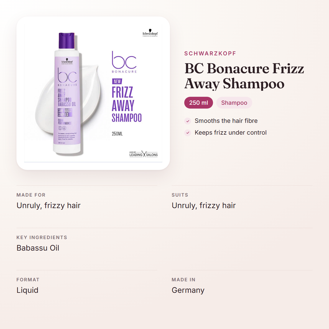 Schwarzkopf BC Bonacure Frizz Away Shampoo (250 ml) – at a glance: what it is for, who it suits and key ingredients