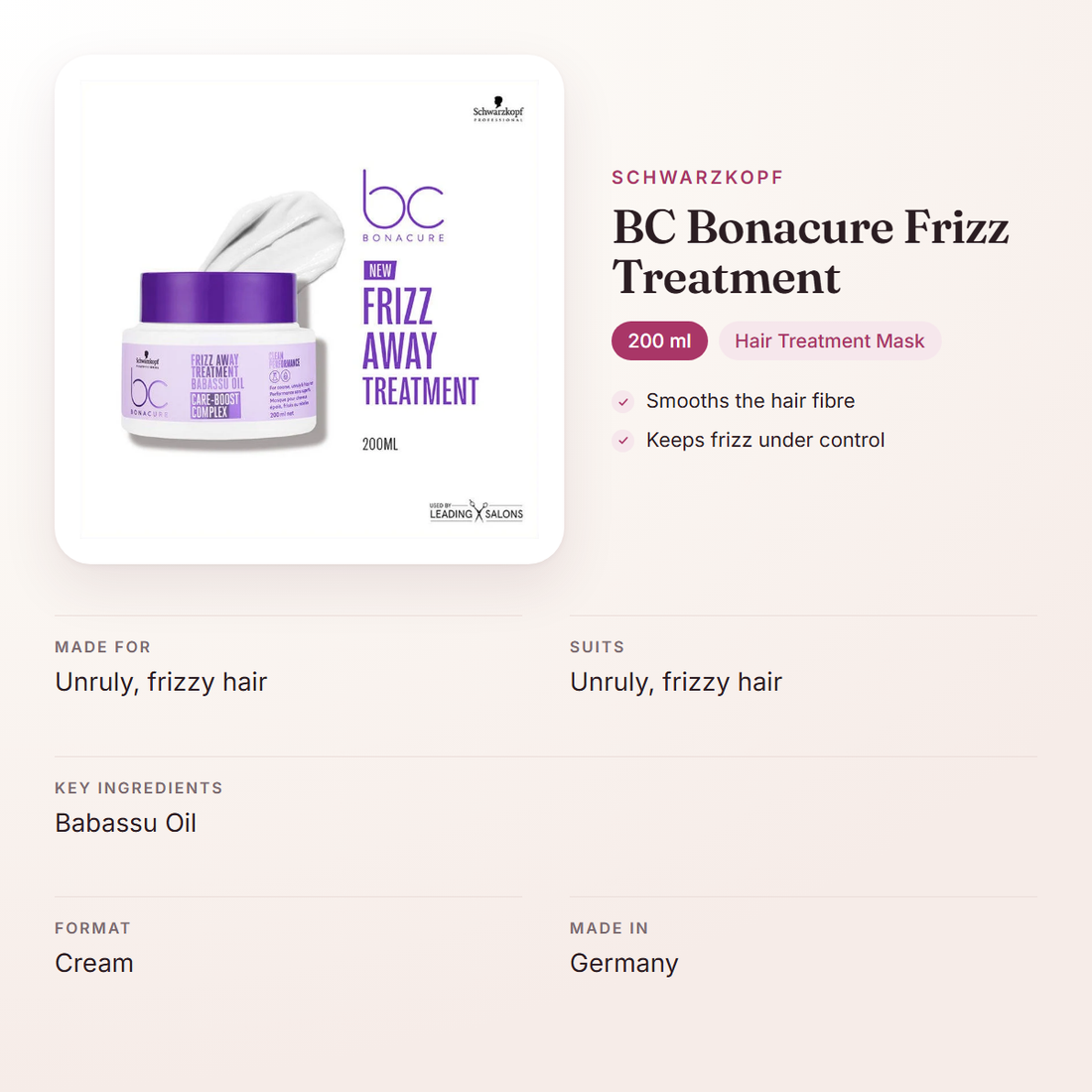 Schwarzkopf BC Bonacure Frizz Treatment (200 ml) – at a glance: what it is for, who it suits and key ingredients