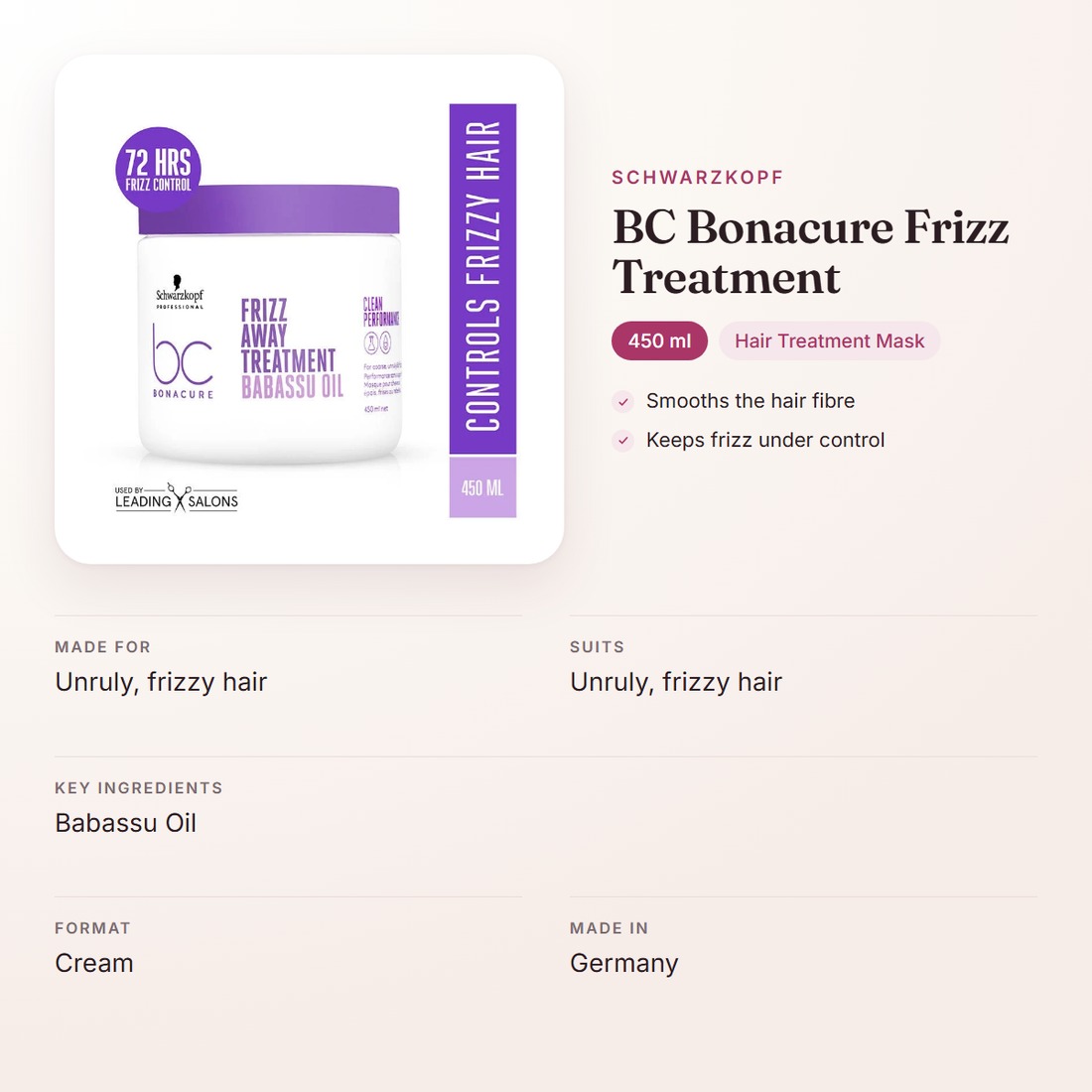 Schwarzkopf BC Bonacure Frizz Treatment (450 ml) – at a glance: what it is for, who it suits and key ingredients