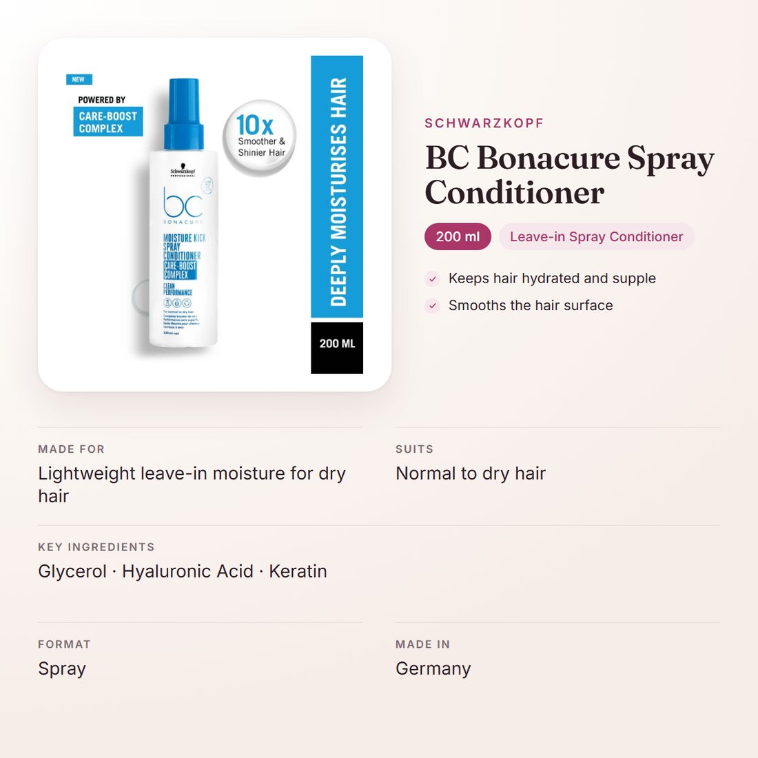 Schwarzkopf BC Bonacure Spray Conditioner (200 ml) – at a glance: what it is for, who it suits and key ingredients