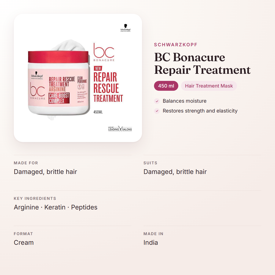 Schwarzkopf BC Bonacure Repair Treatment (450 ml) – at a glance: what it is for, who it suits and key ingredients