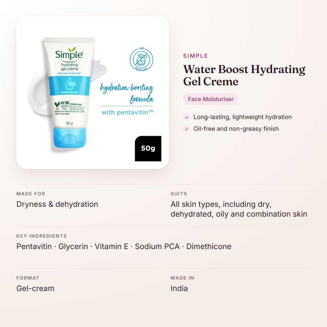 Simple Water Boost Hydrating Gel Creme – at a glance: what it is for, who it suits and key ingredients