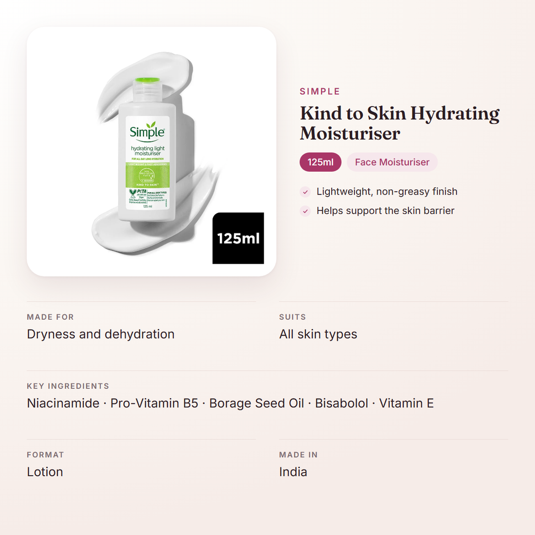 Simple Kind to Skin Hydrating Moisturiser (125ml) – at a glance: what it is for, who it suits and key ingredients