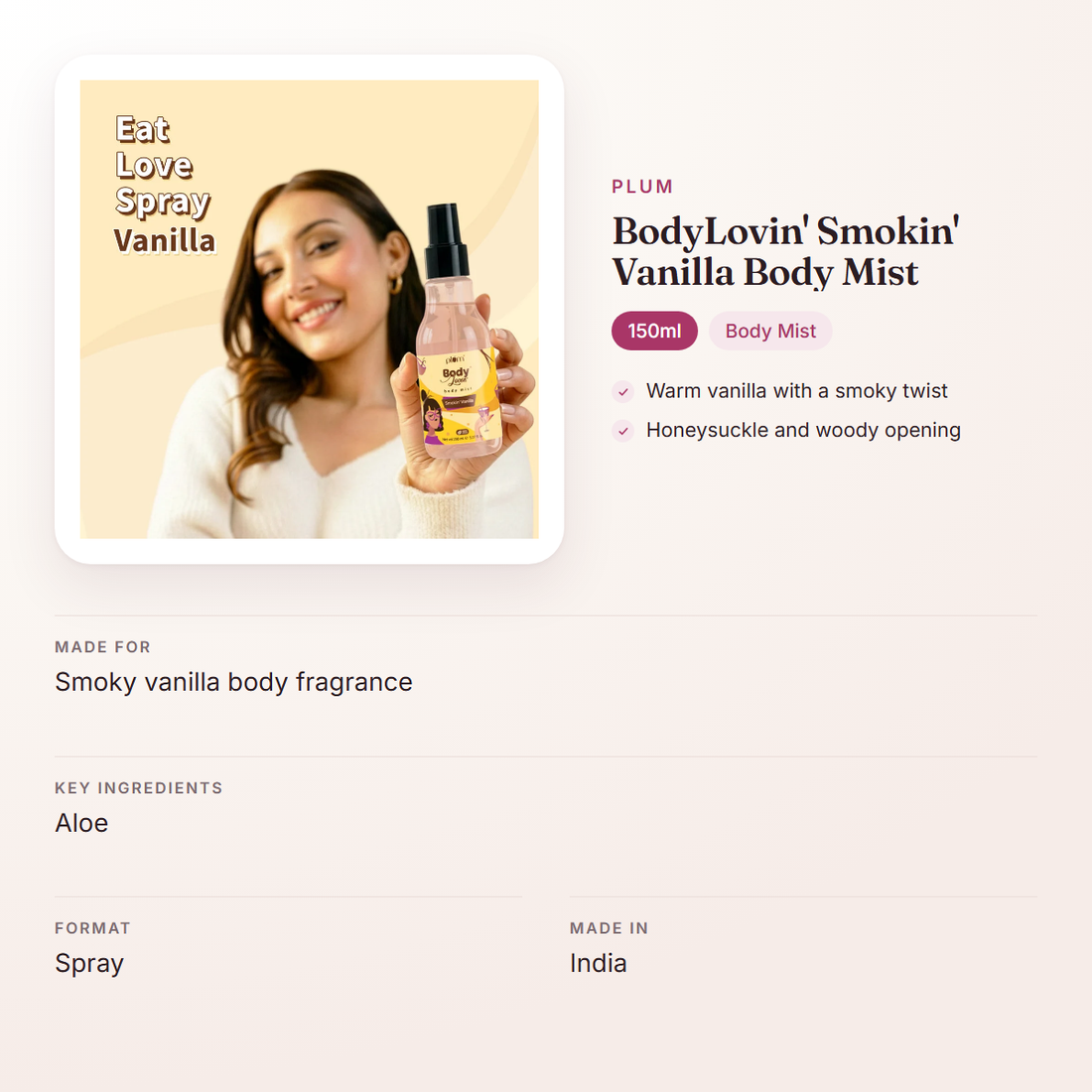 Plum BodyLovin' Smokin' Vanilla Body Mist (150ml) – at a glance: what it is for, who it suits and key ingredients
