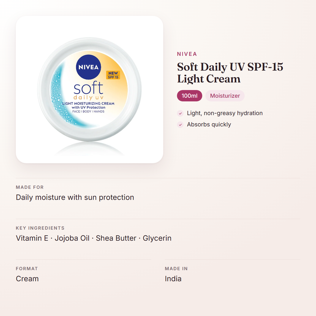 Nivea Soft Daily UV SPF-15 Light Cream (100ml) – at a glance: what it is for, who it suits and key ingredients