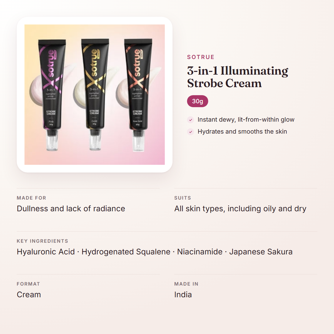 Sotrue 3-in-1 Illuminating Strobe Cream (30g) – at a glance: what it is for, who it suits and key ingredients