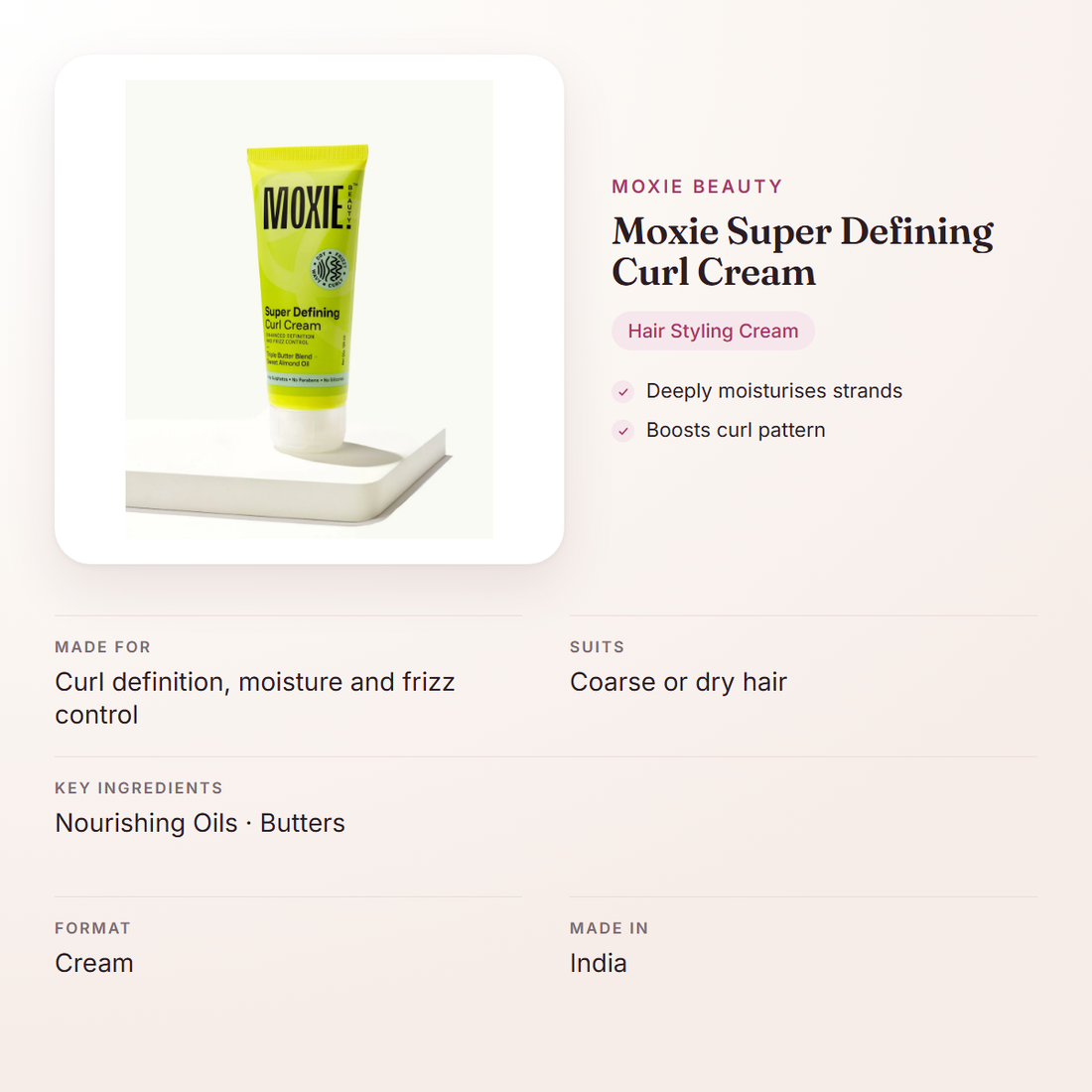 Moxie Beauty Moxie Super Defining Curl Cream – at a glance: what it is for, who it suits and key ingredients