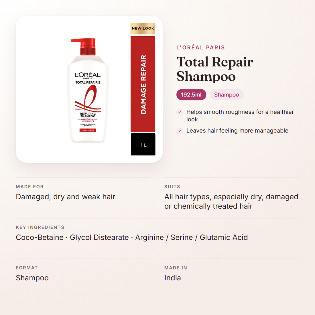 L'Oréal Paris Total Repair Shampoo (192.5ml) – at a glance: what it is for, who it suits and key ingredients