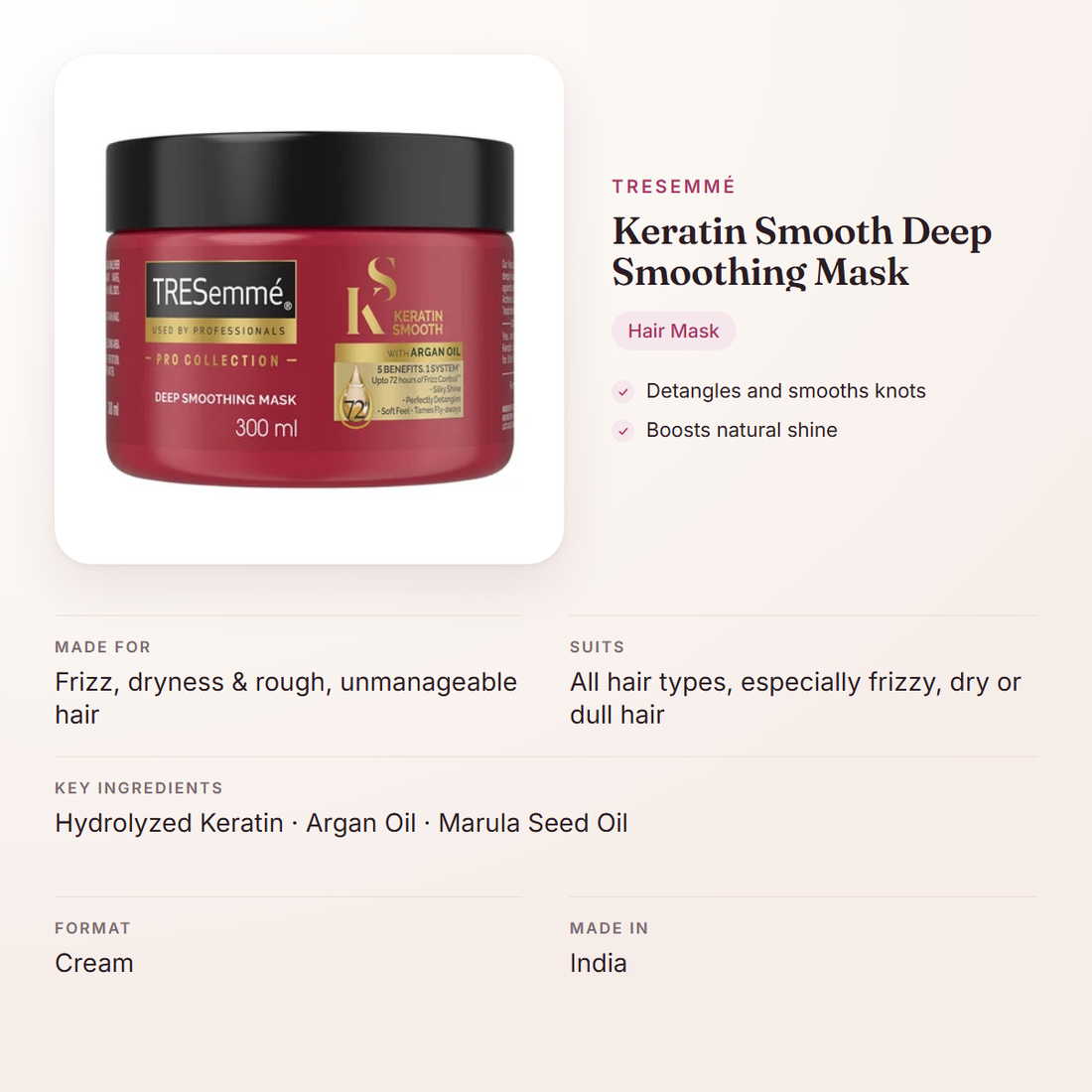 TRESemmé Keratin Smooth Deep Smoothing Mask – at a glance: what it is for, who it suits and key ingredients