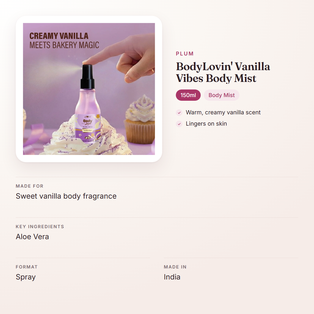 Plum BodyLovin' Vanilla Vibes Body Mist (150ml) – at a glance: what it is for, who it suits and key ingredients
