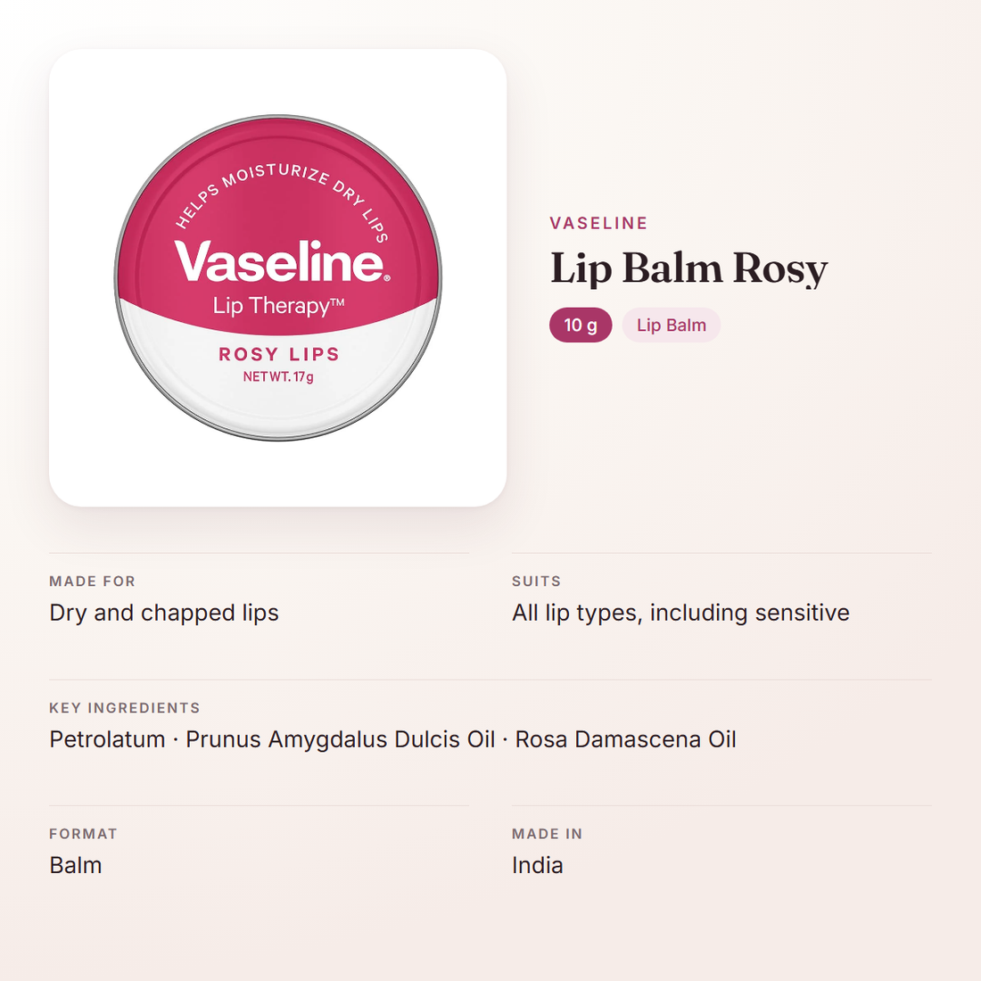 Vaseline Lip Balm Rosy (10 g) – at a glance: what it is for, who it suits and key ingredients