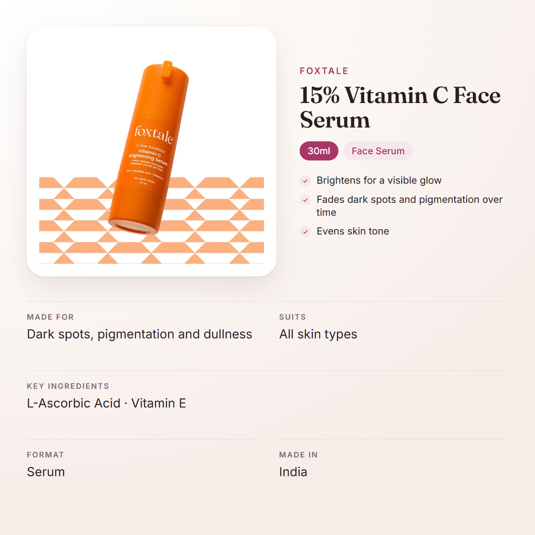 Foxtale 15% Vitamin C Face Serum (30ml) – at a glance: what it is for, who it suits and key ingredients