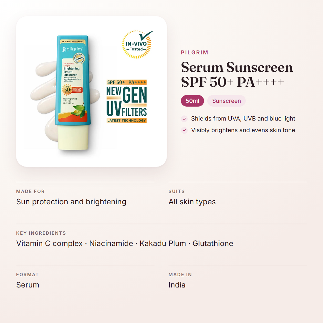 Pilgrim Serum Sunscreen SPF 50+ PA++++ (50ml) – at a glance: what it is for, who it suits and key ingredients
