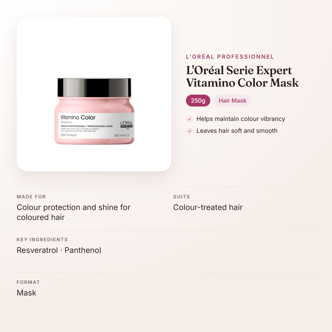 L'Oréal Professionnel L'Oréal Serie Expert Vitamino Color Mask (250g) – at a glance: what it is for, who it suits and key ingredients