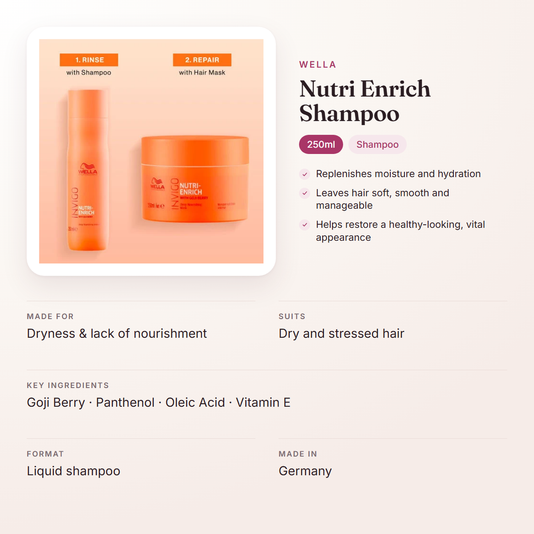 Wella Nutri Enrich Shampoo (250ml) – at a glance: what it is for, who it suits and key ingredients