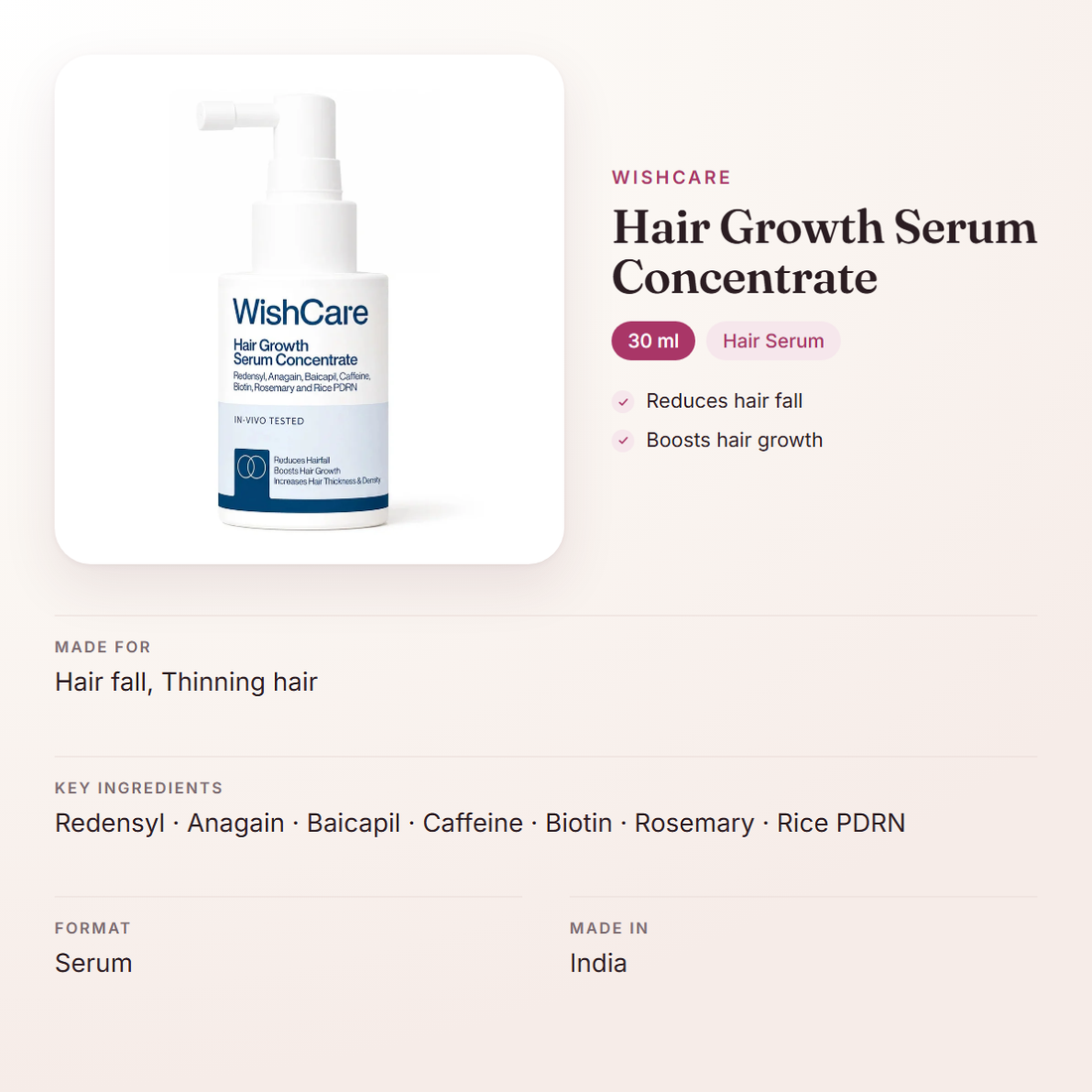 WishCare Hair Growth Serum Concentrate (30 ml) – at a glance: what it is for, who it suits and key ingredients