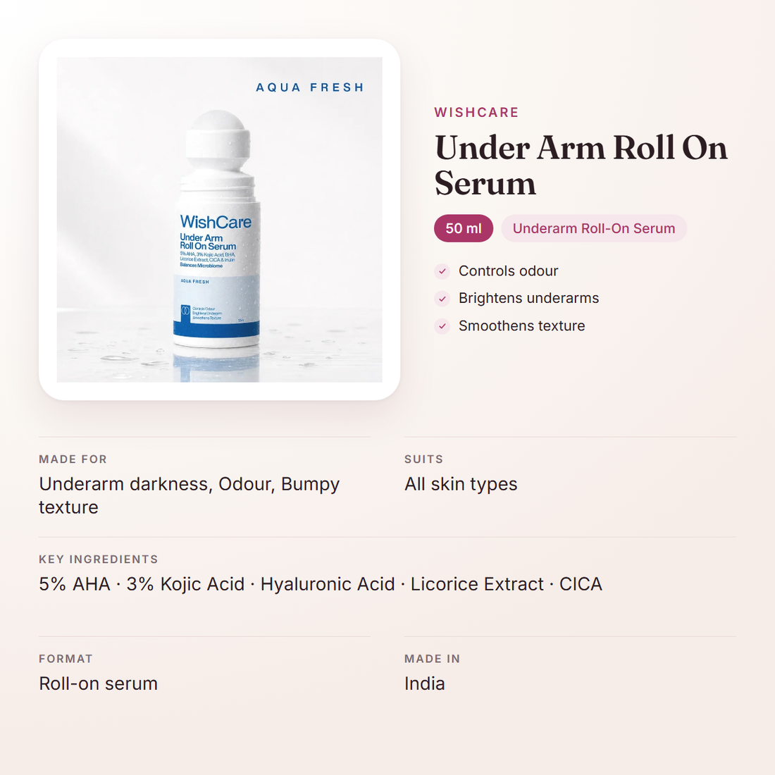 WishCare Under Arm Roll On Serum (50 ml) – at a glance: what it is for, who it suits and key ingredients