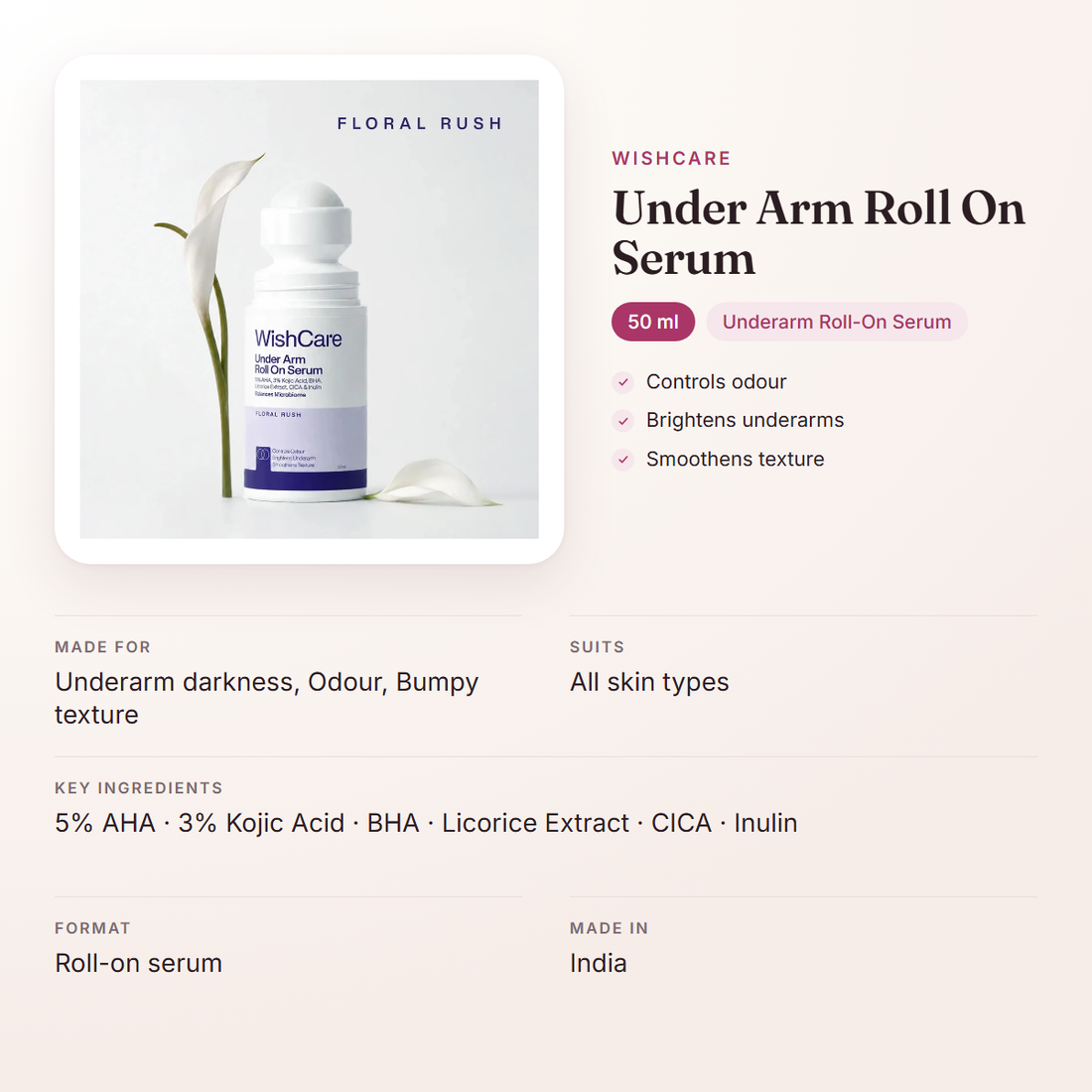 WishCare Under Arm Roll On Serum (50 ml) – at a glance: what it is for, who it suits and key ingredients