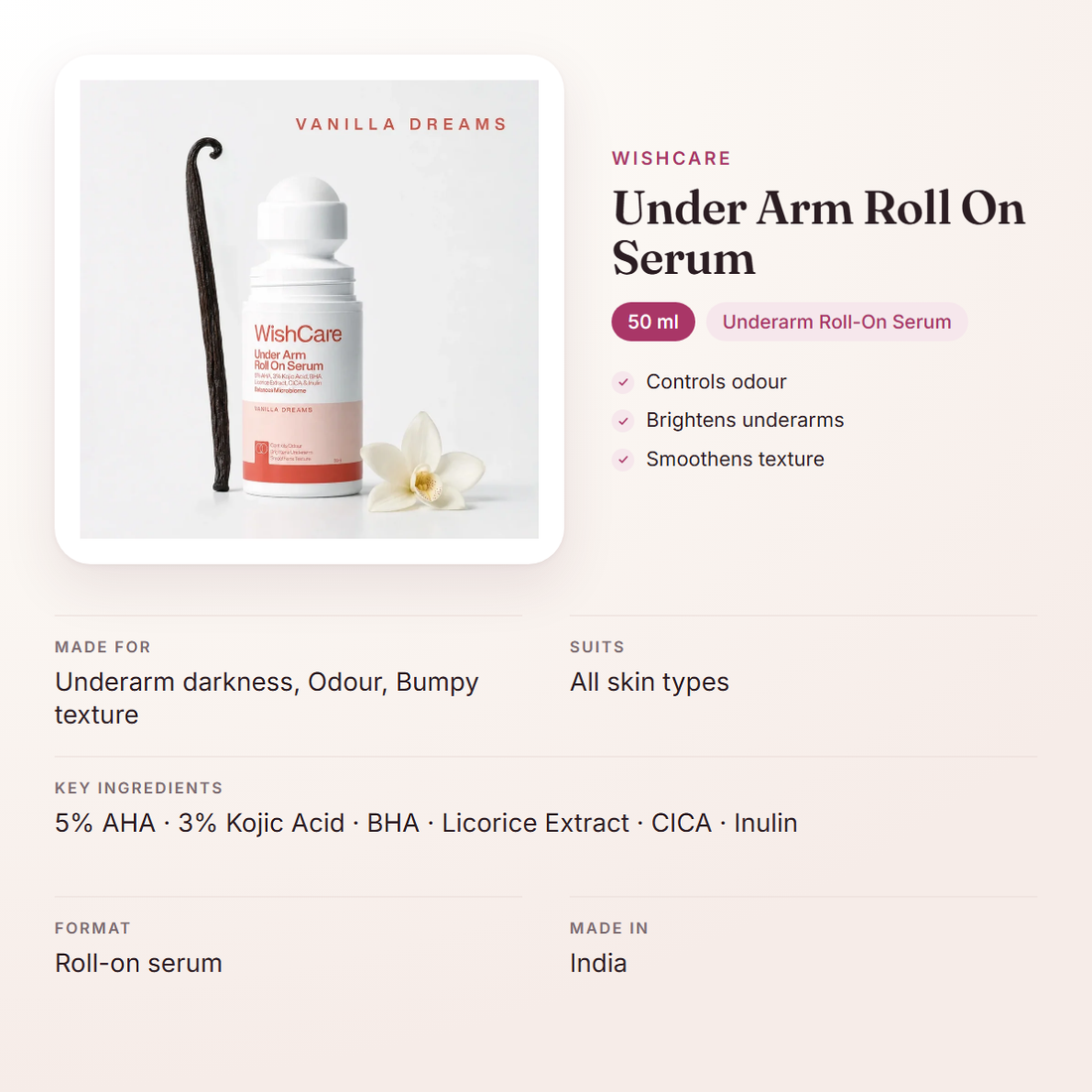WishCare Under Arm Roll On Serum (50 ml) – at a glance: what it is for, who it suits and key ingredients